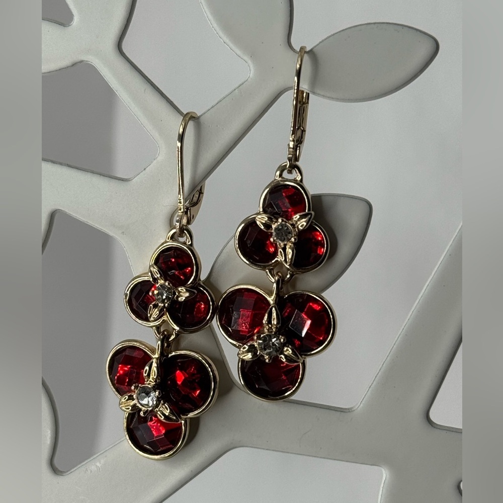 Red and Gold Floral dangle Earrings - Picture 6 of 8